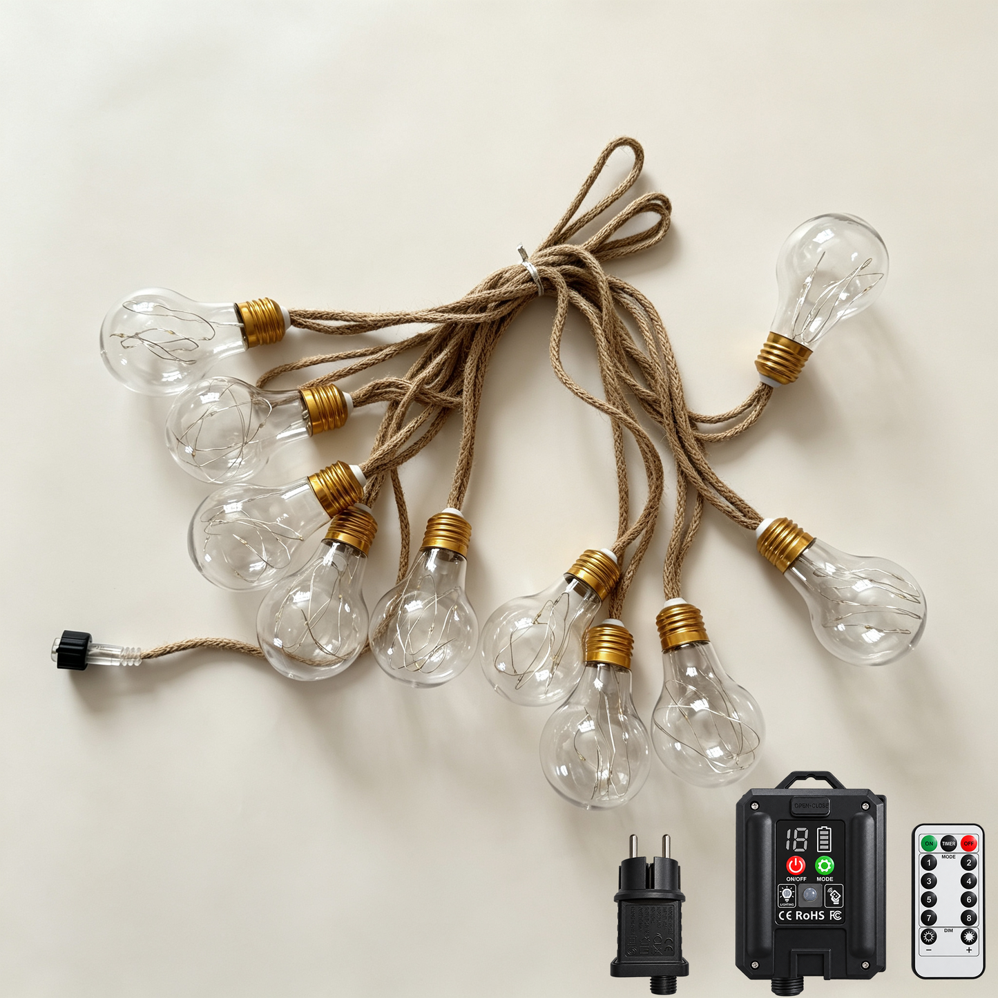 Hemp Rope Edison Bulb String Lights with remote control and battery box